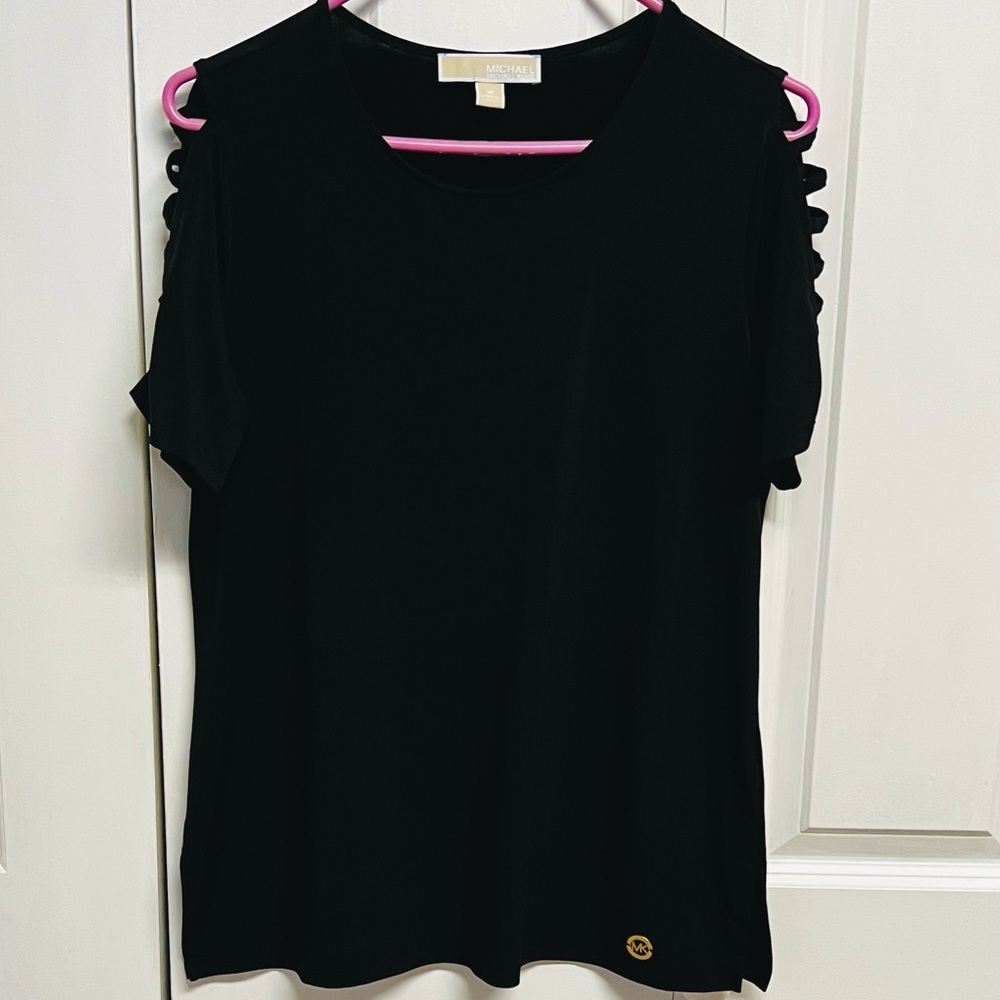 Michael Kors Black Cold-Shoulder Short Sleeve Top with Logo Accent Size M